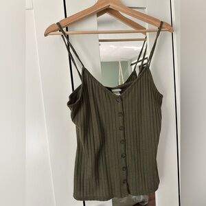 H&M Olive Ribbed Cami Button-Front Spaghetti Strap Tank Womens Medium